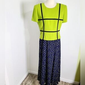 Julian Taylor Vintage Lime Green & Navy Blue Maxi-Dress, Size 10